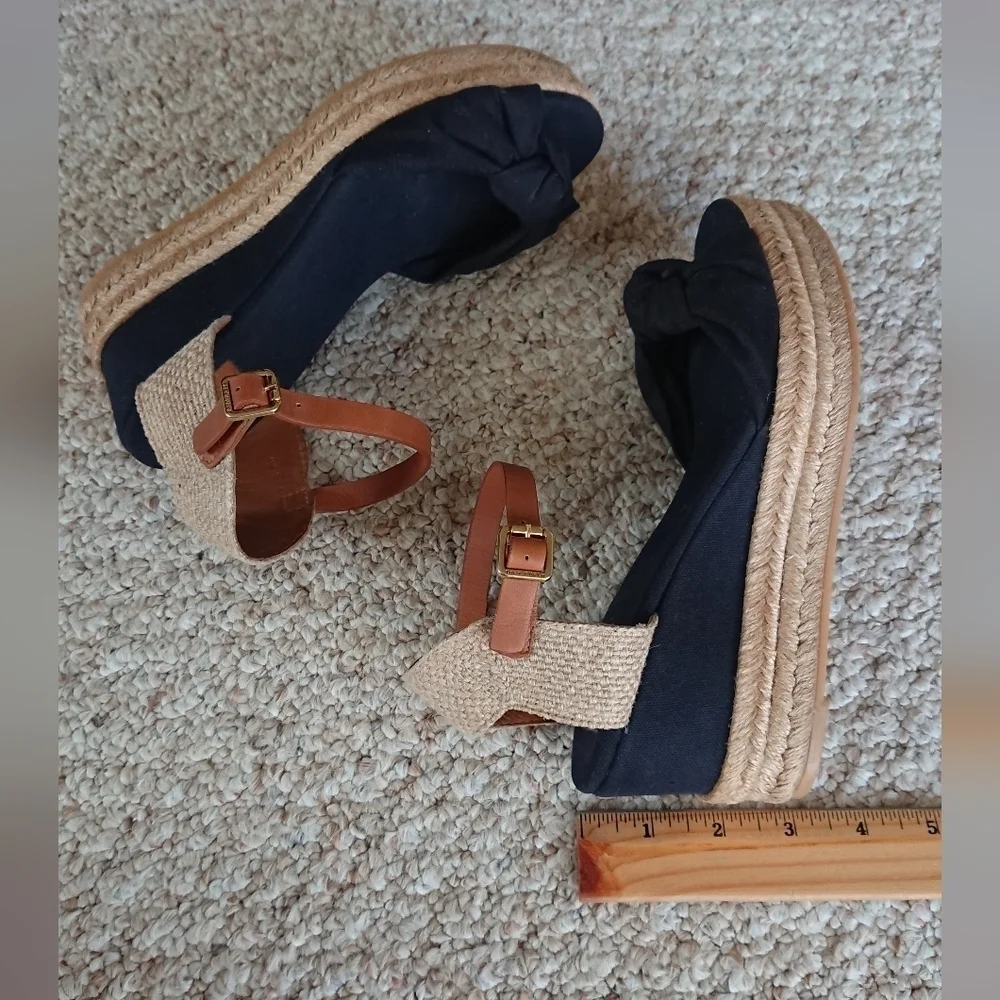 TORY BURCH Knotted Bow Wedge Espadrille Platform Sandal Black/NAVY/ Tan SIZE 6.5